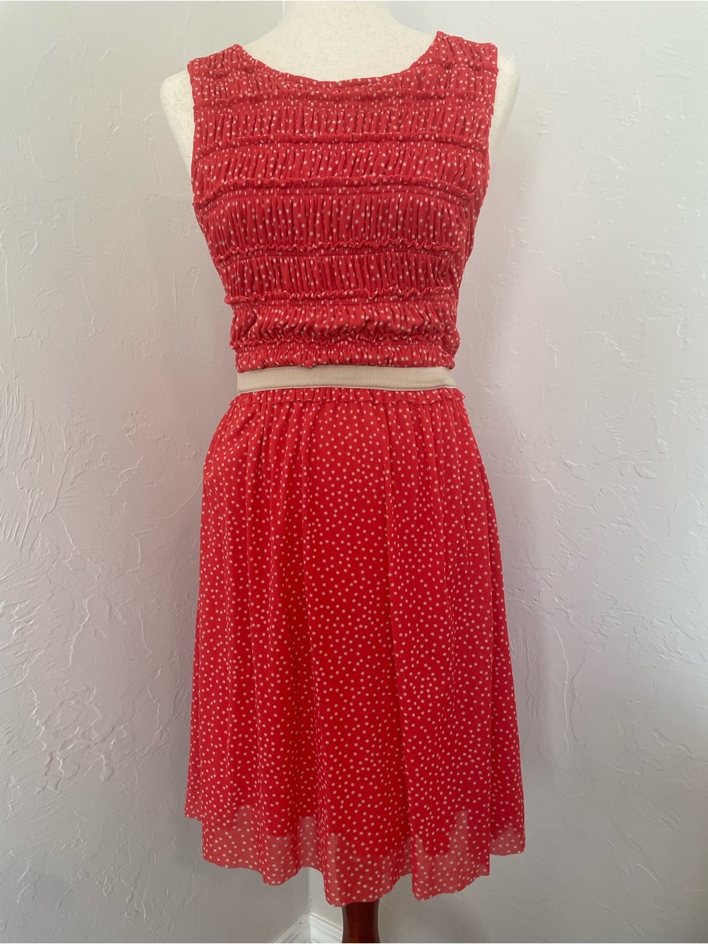 Anthropologie 9 H15 STCL Postmark Coral Muted Red Mesh Swiss Dots Dress Girly